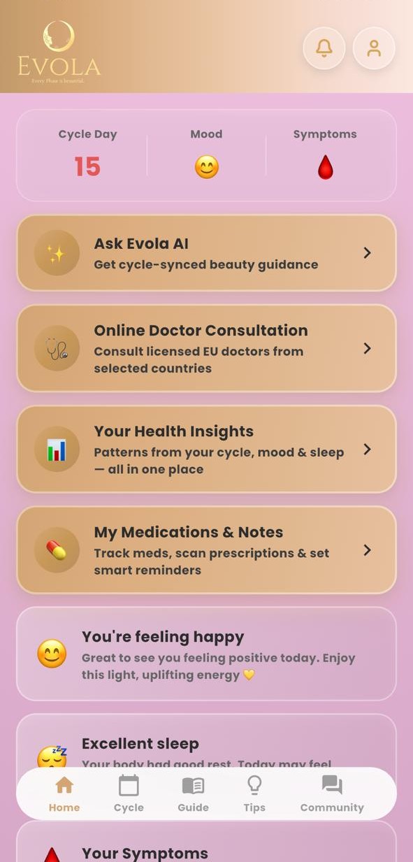 Ecranul principal al aplicației Evola